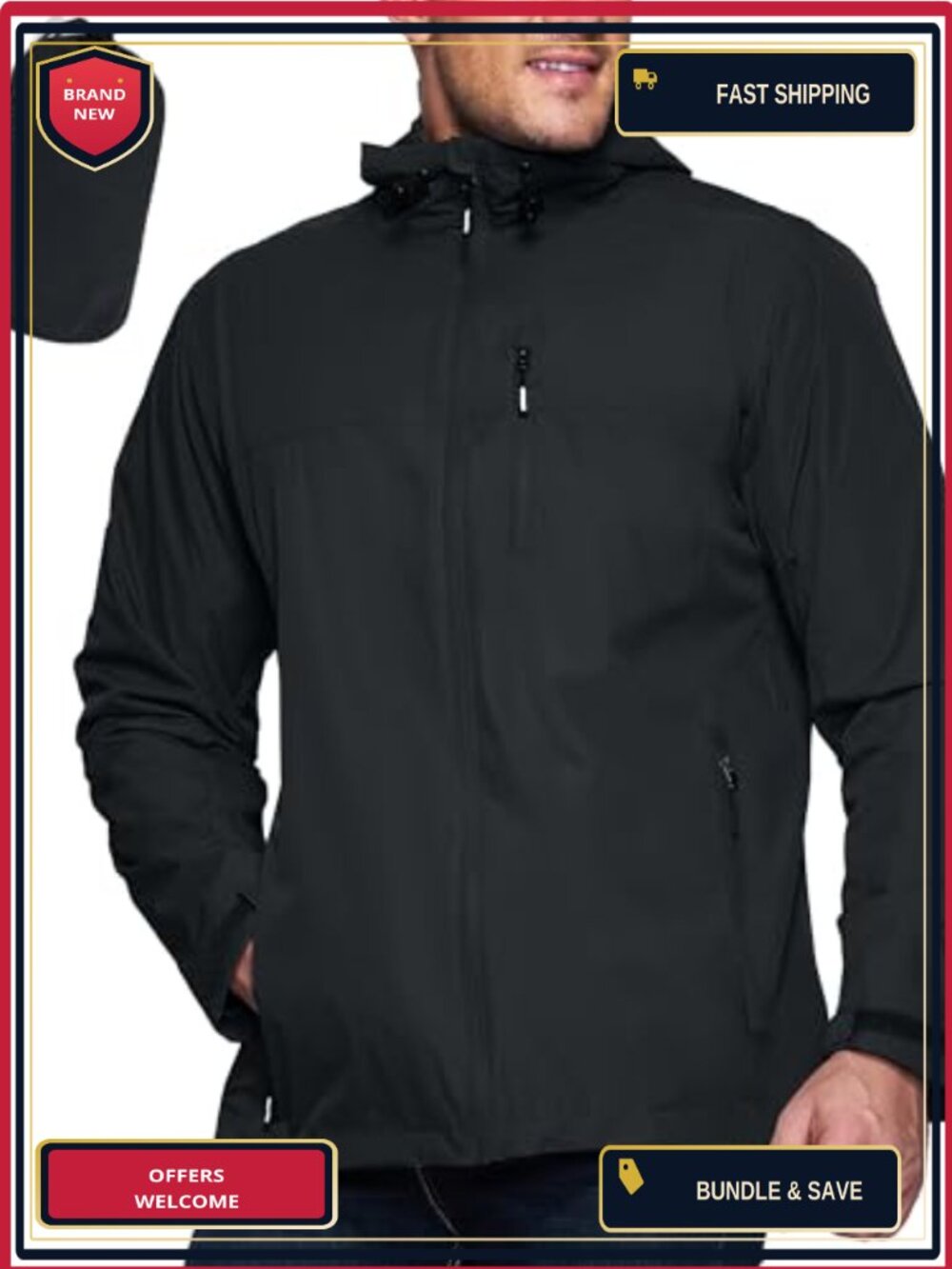 Men's Packable Rain Jacket Waterproof Lightweight Breathable Windbreaker